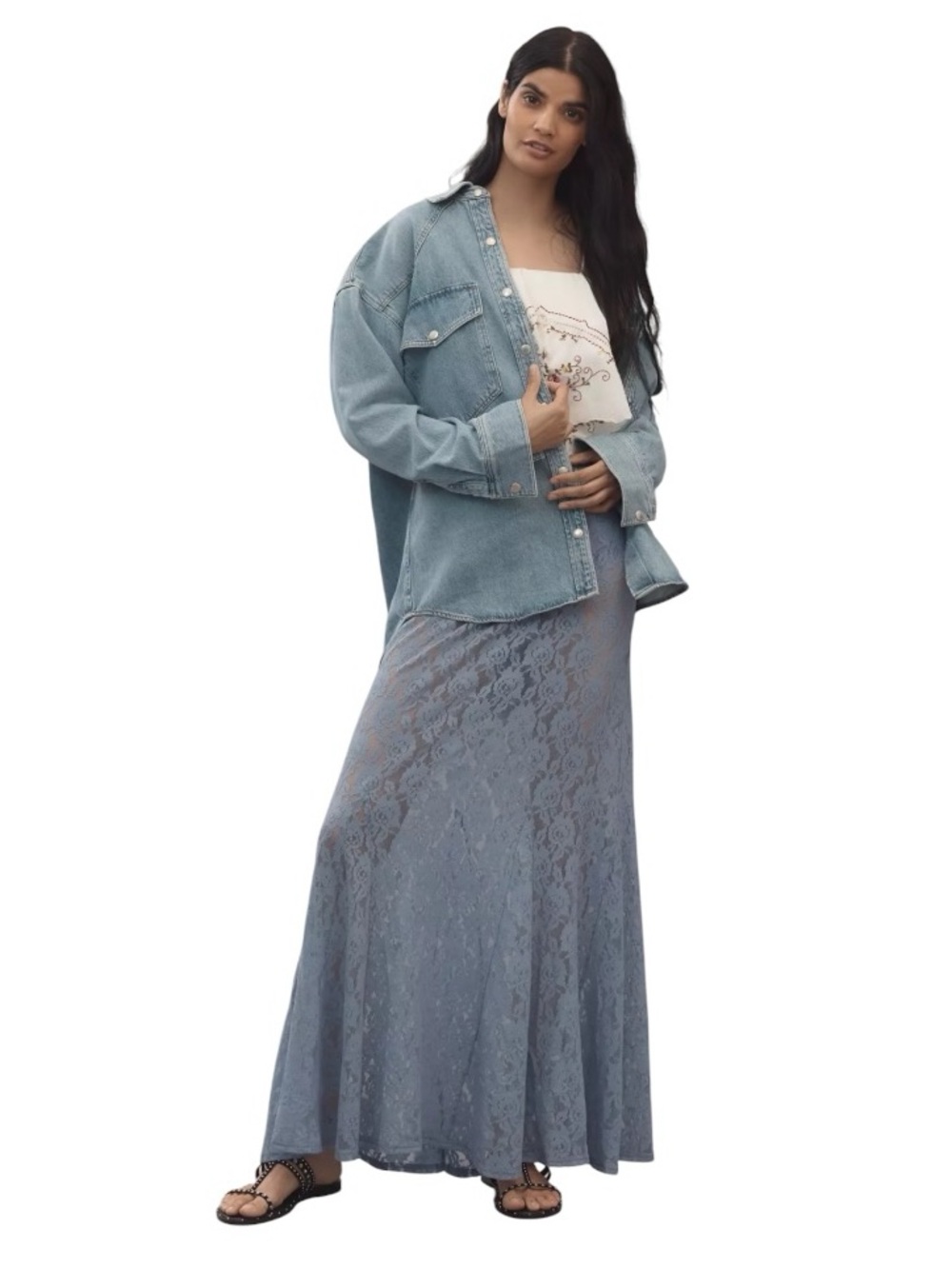 By Anthropologie Sheer Tiered Lace Floral Maxi Skirt size M